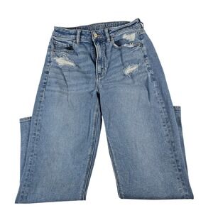 American Eagle Mom Straight Jeans Womens 8 Medium Wash Distressed Stretch Denim